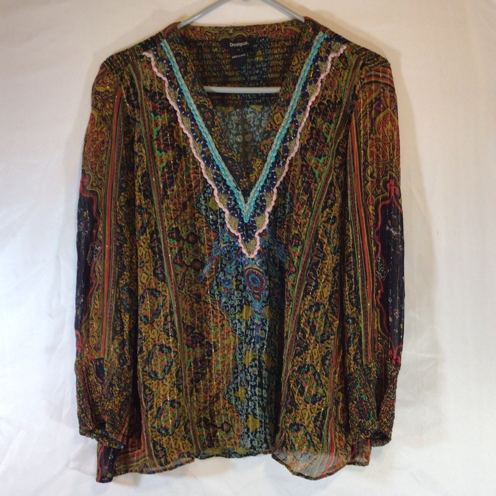 Desigual women's blouse gold size Medium casual evening out art to wear colorful